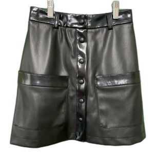 STAUD Paper Faux Leather Mini Skirt Women's 0 Black Front Pockets Snap Closure